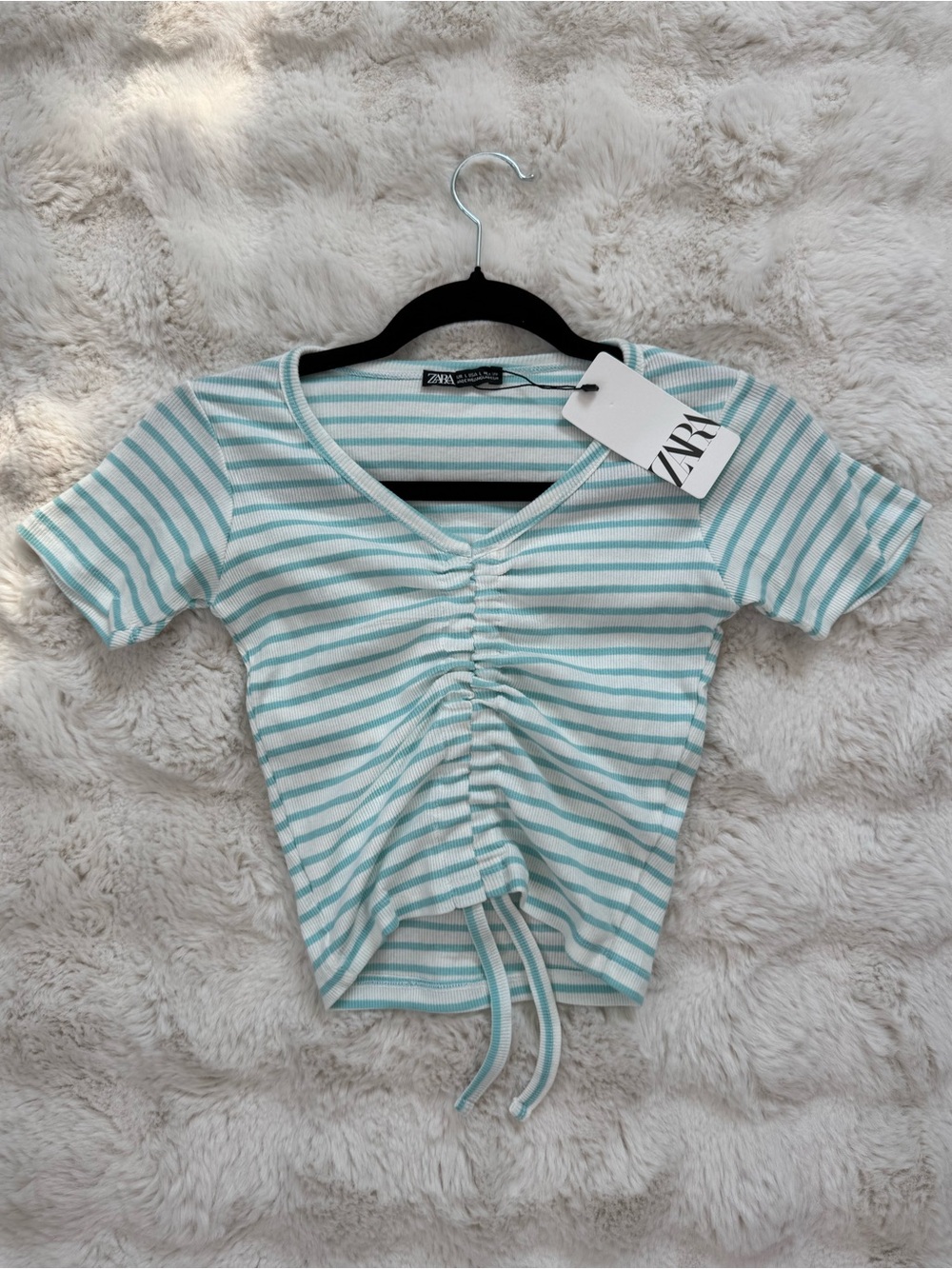ZARA Mint & White Striped Ruched V-Neck Crop Top